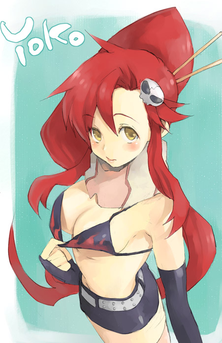 ariko, yoko littner, tengen toppa gurren lagann, 00s, bikini, bikini top only, black bikini, character name, mannen take, ponytail, short shorts, shorts, solo, swimsuit