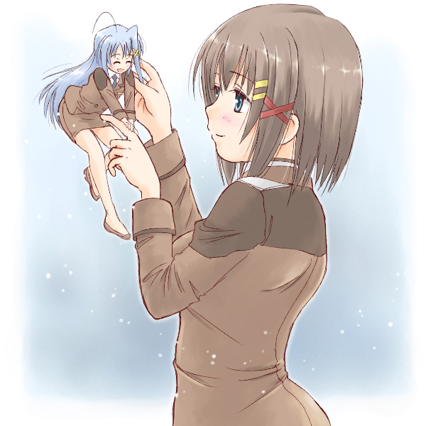 takahashi mugi, reinforce zwei, yagami hayate, lyrical nanoha, mahou shoujo lyrical nanoha, mahou shoujo lyrical nanoha strikers, 00s, 2girls, blue eyes, blue hair, blush, brown hair, closed eyes, hair ornament, military, military uniform, mini person, minigirl, multiple girls, snow, snowing, x hair ornament