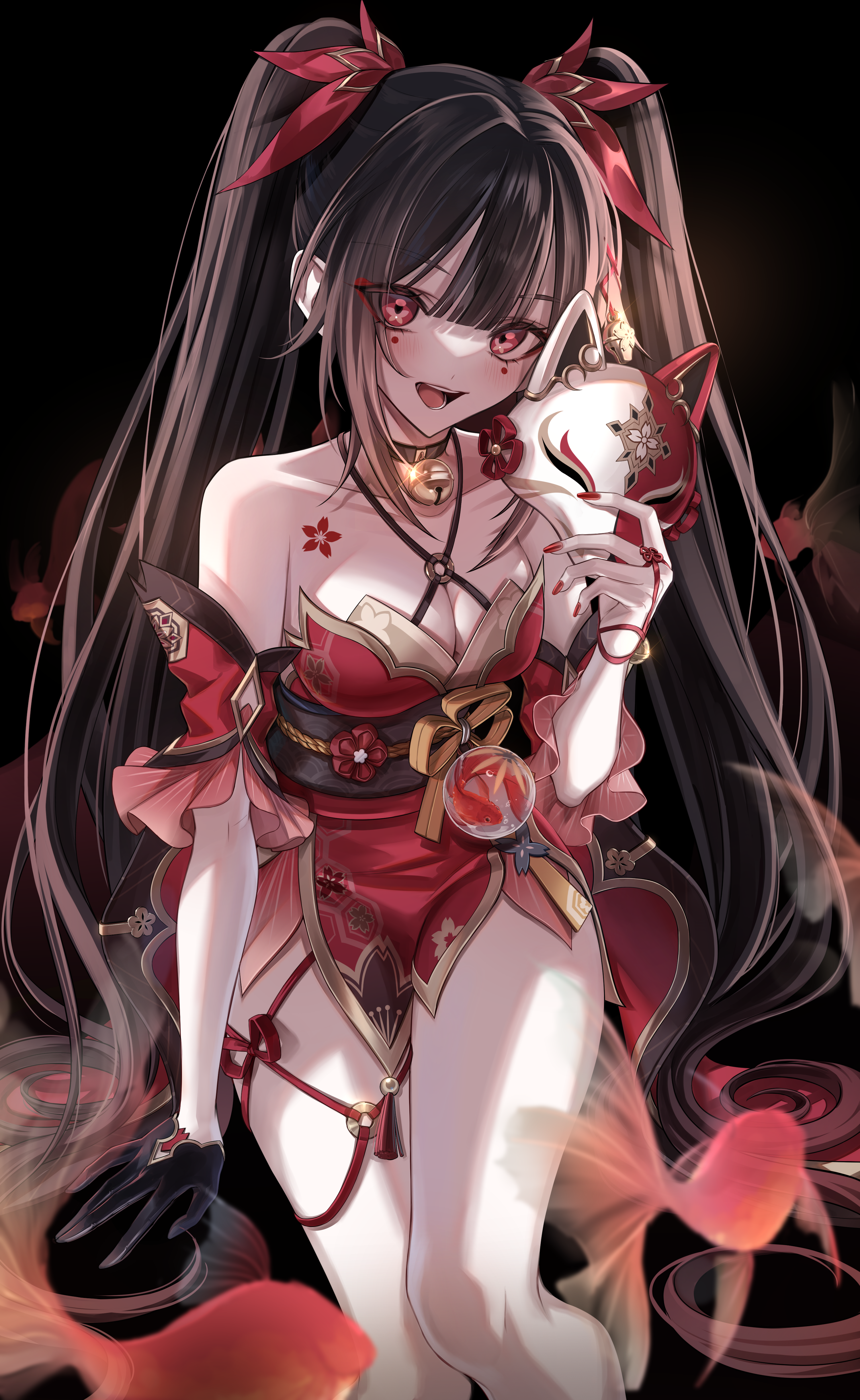 sparkle (honkai: star rail), honkai: star rail, honkai (series), absurdres, commentary, highres, 1girl, :d, bare shoulders, bell, black choker, black gloves, black hair, black sash, breasts, choker, cleavage, detached sleeves, dress, flower tattoo, fox mask, gloves, holding, holding mask, long hair, looking at viewer, mark under both eyes, mask, neck bell, obi, open mouth, qq (pixiv42788728), red dress, red eyes, red nails, red sleeves, sash, single glove, smile, solo, tattoo, twintails