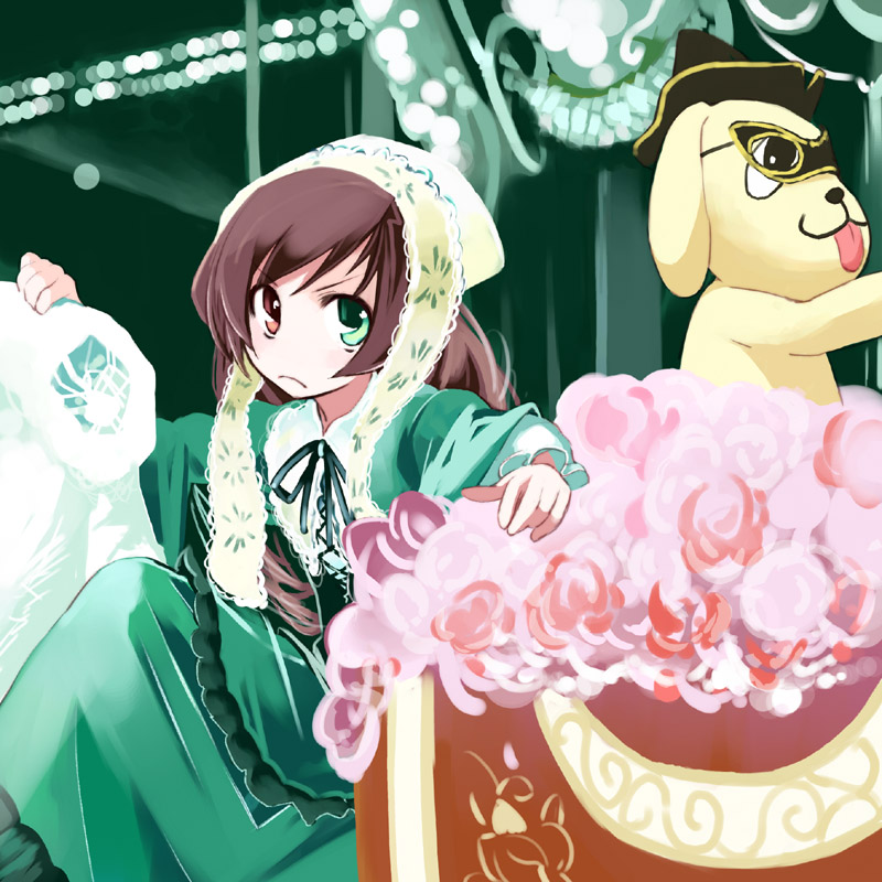 ushiki yoshitaka, kunkun, suiseiseki, rozen maiden, 00s, 1girl, angry, brown hair, dress, female focus, flower, headdress, headscarf, heterochromia, long hair, solo, tongue, white headscarf