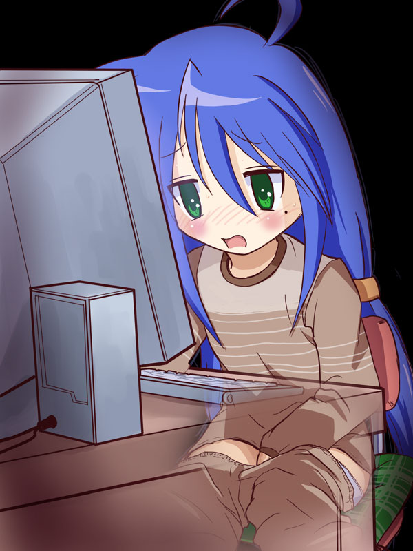 kanakana, izumi konata, lucky star, eyebrows, 00s, 1girl, ahoge, blue hair, blush, chair, clothed masturbation, clothes pull, computer, computer keyboard, desk, female focus, female masturbation, flat chest, green eyes, hair between eyes, hand in panties, long hair, masturbation, mole, mole under eye, on chair, open mouth, panties, pants, pants pull, panty pull, pornography, see-through clothes, simple background, sitting, solo, under table, underwear, viewing pornography, x-ray
