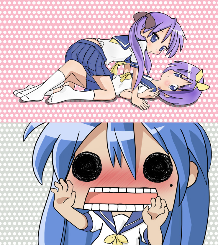 hiiragi kagami, hiiragi tsukasa, izumi konata, hidamari sketch, lucky star, 3girls, aoki ume (style), blue sailor collar, incest, looking at viewer, mole, mole under eye, multiple girls, parody, sailor collar, school uniform, serafuku, siblings, sisters, socks, solid circle eyes, style parody, twincest, twins, wide face, yuri