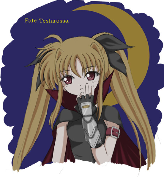 flipper, fate testarossa, fate testarossa (lightning form), lyrical nanoha, mahou shoujo lyrical nanoha, 00s, 1girl, arm belt, blonde hair, cape, character name, crescent moon, female focus, fingerless gloves, gloves, magical girl, moon, solo, twintails