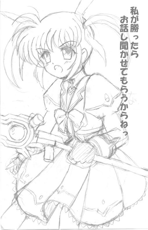 flipper, raising heart, raising heart (buster mode), takamachi nanoha, takamachi nanoha (sacred mode), lyrical nanoha, mahou shoujo lyrical nanoha, mahou shoujo lyrical nanoha a's, 00s, 1girl, bow, female focus, fingerless gloves, gloves, greyscale, magazine (weapon), magical girl, monochrome, solo, twintails