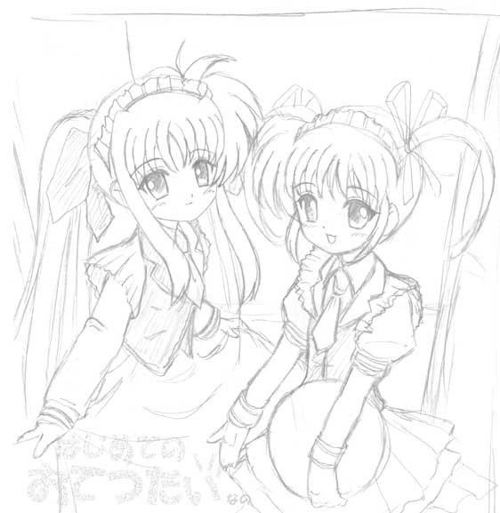 flipper, fate testarossa, takamachi nanoha, lyrical nanoha, mahou shoujo lyrical nanoha, eyebrows, 00s, 2girls, alternate costume, apron, cowboy shot, dress, enmaided, frills, greyscale, holding, lineart, long sleeves, looking at viewer, maid, maid apron, maid headdress, monochrome, multiple girls, necktie, tray, twintails, waitress