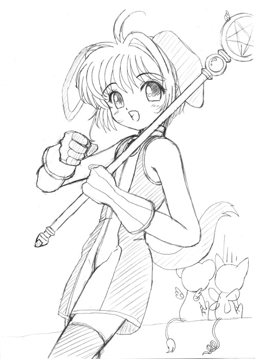 flipper, kinomoto sakura, cardcaptor sakura, 1990s (style), 1girl, animal ears, child, female focus, greyscale, hoshi no tsue, magical girl, monochrome, rabbit ears, retro artstyle, solo, thighhighs
