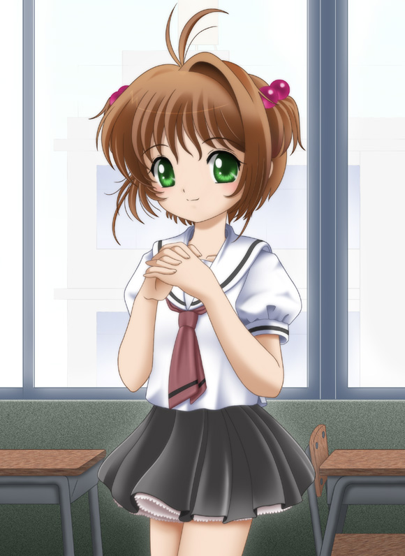 flipper, kinomoto sakura, cardcaptor sakura, 1990s (style), 1girl, antenna hair, blouse, child, classroom, cowboy shot, desk, female focus, hair bobbles, hair intakes, hair ornament, indoors, necktie, own hands clasped, own hands together, petticoat, red necktie, retro artstyle, school, school desk, school uniform, serafuku, shirt, solo, standing, striped necktie, tomoeda middle school uniform, two side up, white shirt, window