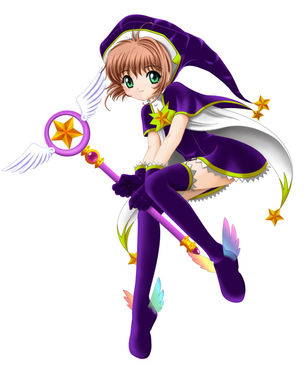 flipper, kinomoto sakura, cardcaptor sakura, 1990s (style), 1girl, child, female focus, full body, hat, hoshi no tsue, magical girl, purple hat, retro artstyle, solo, thighhighs, wizard hat