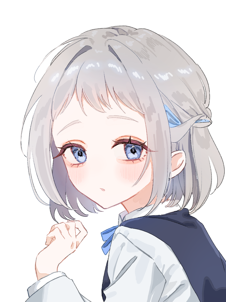 katsuragi lilja, gakuen idolmaster, idolmaster, commentary request, 1girl, aegyo sal, blue eyes, blue ribbon, blush, braid, grey hair, hair ribbon, half up braid, hatsuboshi gakuen school uniform, jacket, looking at viewer, looking to the side, neck ribbon, ribbon, ribbon braid, school uniform, short hair, solo, tayama (vvev2575), upper body, white jacket