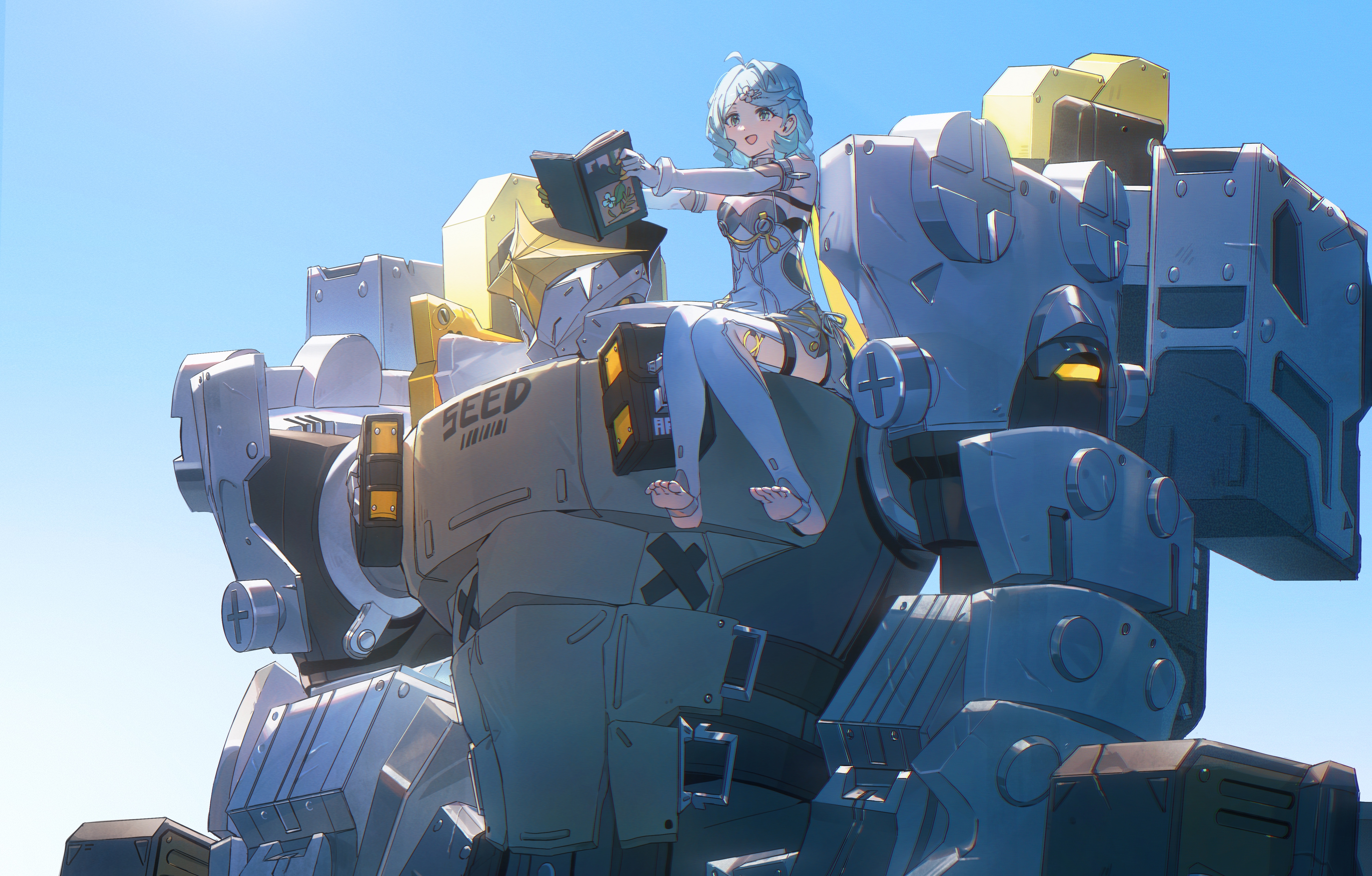konya karasue, seed (zenless zone zero), zenless zone zero, absurdres, highres, 1girl, barefoot, blue flower, blue sky, book, flower, full body, holding, holding book, leaf, light smile, robot, sitting, sky, smile