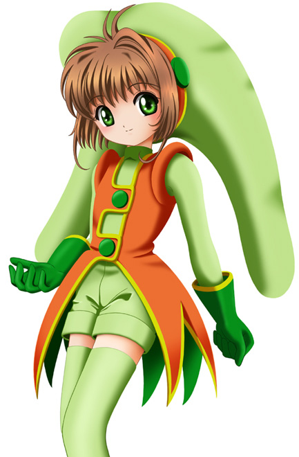 flipper, kinomoto sakura, kinomoto sakura (green sprite), cardcaptor sakura, 1990s (style), 1girl, brown hair, child, cowboy shot, female focus, gloves, green eyes, green gloves, green hat, green shirt, green thighhighs, hair intakes, hat, jester cap, looking at viewer, retro artstyle, shirt, short hair, shorts, smile, solo, thighhighs, white background