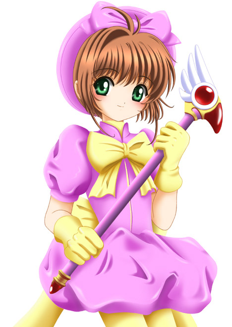 flipper, kinomoto sakura, kinomoto sakura (macaron), cardcaptor sakura, 1990s (style), 1girl, ahoge, bow, bowtie, brown hair, bubble skirt, child, female focus, fuuin no tsue, gloves, green eyes, hat, looking at viewer, magical girl, pink hat, puffy short sleeves, puffy sleeves, purple skirt, retro artstyle, short hair, short sleeves, simple background, skirt, smile, solo, staff, turban, white background, yellow gloves
