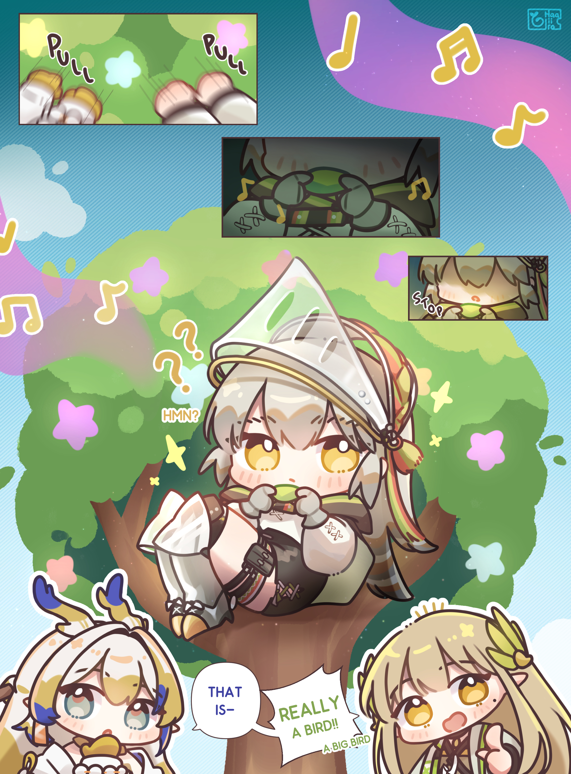 haaiiro, fartooth (arknights), muelsyse (arknights), shu (arknights), arknights, absurdres, commentary, english commentary, highres, 3girls, ?, ??, artist logo, artist name, beamed sixteenth notes, blonde hair, blue hair, blush, chibi, chibi only, closed mouth, dragon girl, dragon horns, eighth note, elf, english text, green eyes, grey hair, holding, horns, logo, long hair, mole, mole under eye, multicolored hair, multiple girls, musical note, on tree, open mouth, plant, pointing, pointy ears, quarter note, smile, sparkle, speech bubble, tree, white hair, yellow eyes