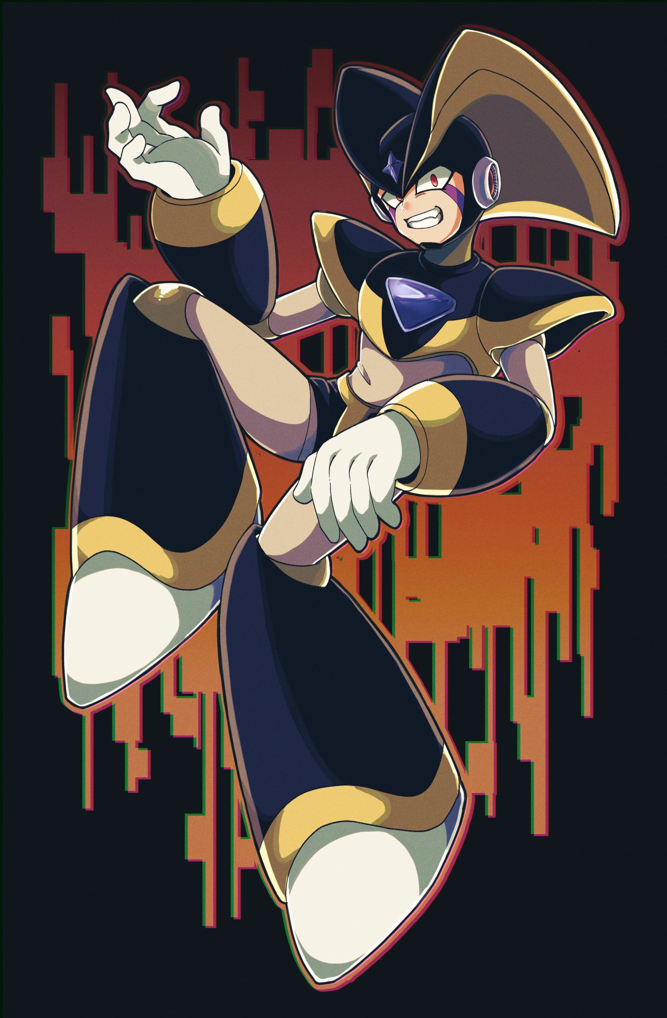 otyumamii, mega man (series), character request, check copyright, commentary request, copyright request, highres, 1boy, armor, black armor, black background, black helmet, bodysuit, brown bodysuit, chromatic aberration, full body, gloves, grin, helmet, looking at viewer, male focus, orange background, red eyes, shoes, smile, solo, white gloves, white shoes