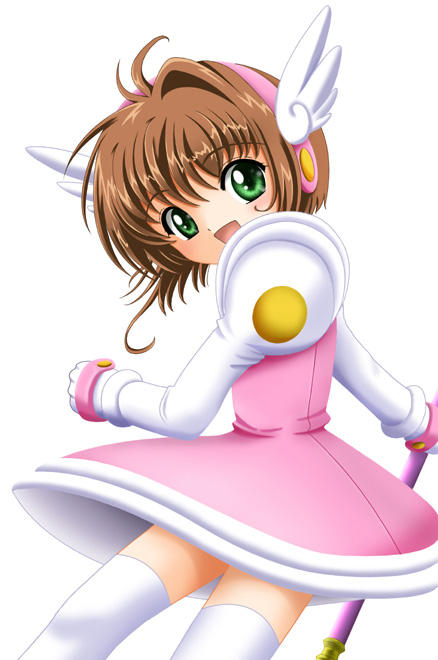 flipper, kinomoto sakura, kinomoto sakura (fluffy down), cardcaptor sakura, 1990s (style), 1girl, child, female focus, fuuin no tsue, gloves, looking at viewer, magical girl, retro artstyle, solo, thighhighs, white background, white gloves, white thighhighs