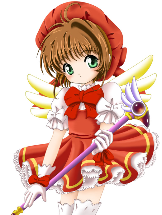 flipper, kinomoto sakura, kinomoto sakura (magician), cardcaptor sakura, 1990s (style), 1girl, child, female focus, fuuin no tsue, hat, magical girl, pink hat, retro artstyle, solo, thighhighs