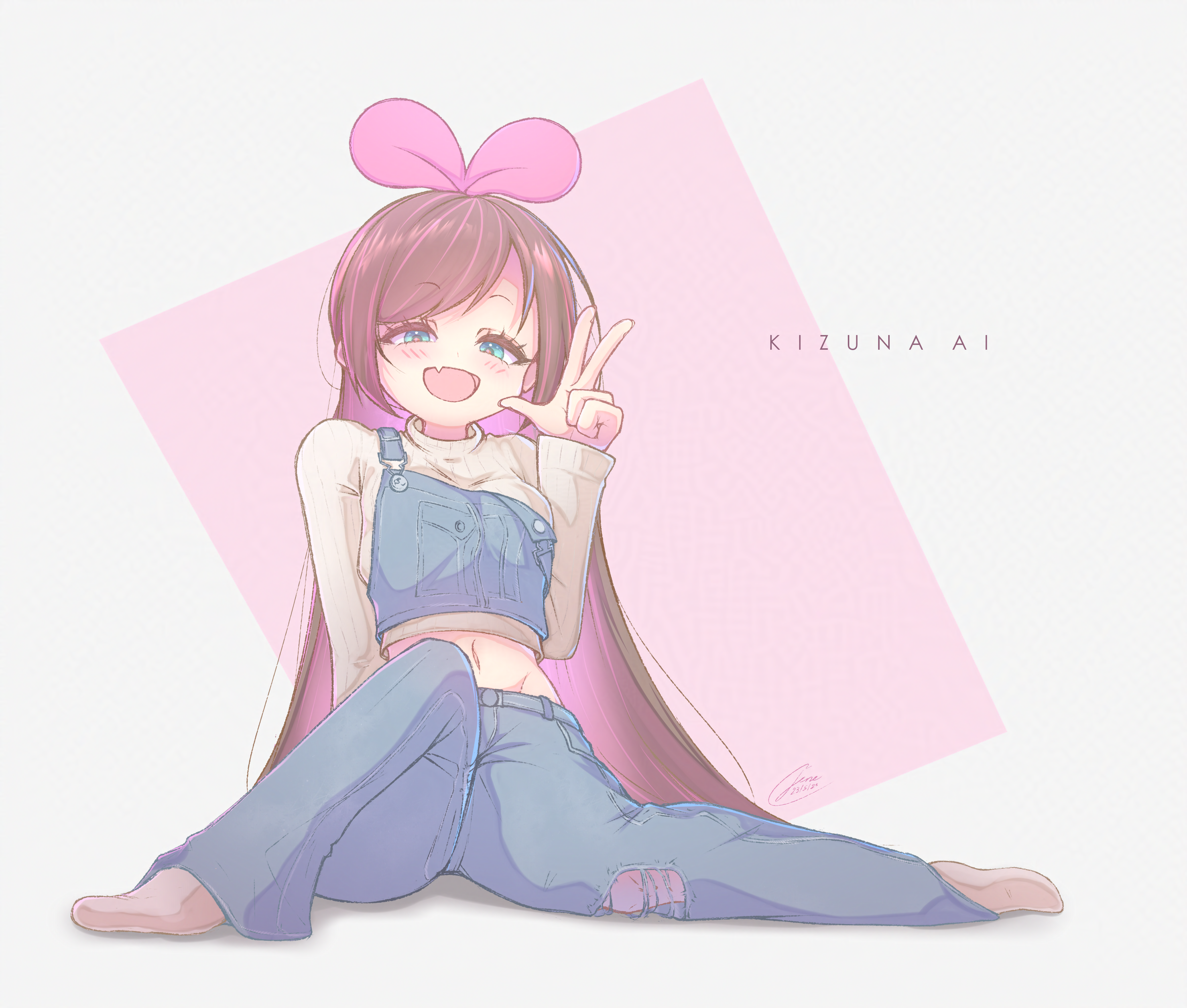 the x (jene), kizuna ai, kizuna ai (overalls), kizuna ai inc., absurdres, commentary, highres, mixed-language commentary, 1girl, :d, artist name, blue eyes, blue pants, blue shirt, blush, bow hairband, breasts, brown hair, buttons, character name, colored inner hair, crop top, cropped sweater, dated, denim, denim shirt, english text, fang, full body, groin, hairband, half-closed eyes, hand up, jeans, knee up, long hair, long sleeves, looking at viewer, medium breasts, midriff, multicolored hair, navel, no shoes, on floor, open mouth, pants, pink background, pink hairband, pink socks, pink streaks, raised eyebrows, ribbed sweater, shirt, signature, sitting, skin fang, smile, socks, solo, streaked hair, sweater, torn clothes, torn jeans, torn pants, turtleneck, turtleneck sweater, two-tone background, two-tone hair, very long hair, virtual youtuber, w, white background, white sweater