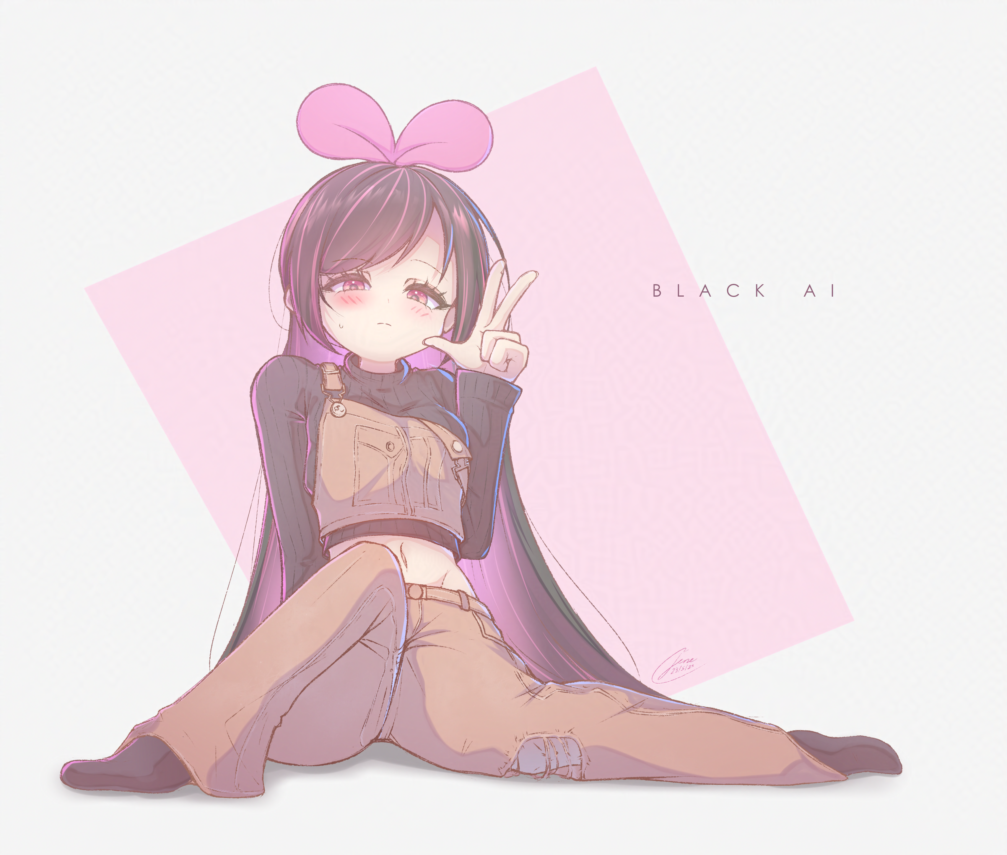 the x (jene), kizuna ai, kizuna ai (overalls), kizuna ai inc., absurdres, commentary, highres, mixed-language commentary, 1girl, alternate color, alternate eye color, artist name, black hair, black socks, black sweater, blush, bow hairband, breasts, brown pants, brown shirt, buttons, character name, closed mouth, colored inner hair, crop top, cropped sweater, dark persona, dated, denim, denim shirt, english text, expressionless, full body, groin, hairband, half-closed eyes, hand up, jeans, knee up, long hair, long sleeves, looking at viewer, medium breasts, midriff, multicolored hair, navel, no shoes, on floor, pants, pink background, pink eyes, pink hairband, pink streaks, ribbed sweater, shirt, signature, sitting, socks, solo, split mouth, streaked hair, sweater, torn clothes, torn jeans, torn pants, turtleneck, turtleneck sweater, two-tone background, two-tone hair, very long hair, virtual youtuber, w, white background
