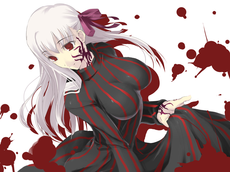 satomi (black scarecrow), dark sakura, matou sakura, fate/stay night, fate (series), 00s, blood, hair ribbon, red eyes, ribbon, solo, white hair