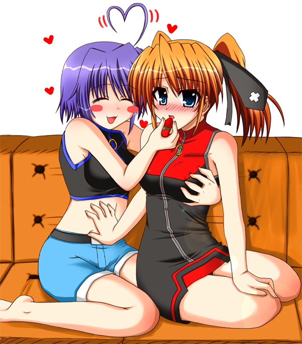 lask, subaru nakajima, teana lanster, lyrical nanoha, mahou shoujo lyrical nanoha, mahou shoujo lyrical nanoha strikers, 00s, 2girls, ahoge, blush, blush stickers, breasts, food, fruit, grabbing another's breast, groping, heart, heart ahoge, holding, holding food, holding fruit, large breasts, midriff, multiple girls, strawberry, yuri