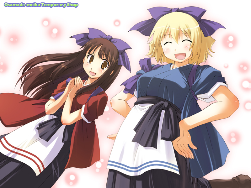 osamada meika, original, 2girls, blonde hair, bow, brown eyes, brown hair, hair bow, japanese clothes, multiple girls, pantyhose