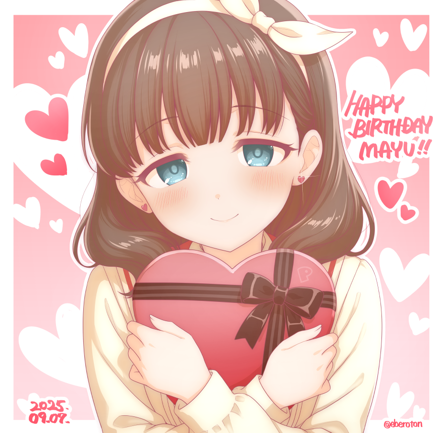 eberoton, sakuma mayu, idolmaster, idolmaster cinderella girls, commentary request, 1girl, blush, box, brown hair, character name, crossed arms, dated, earrings, gift, gift box, hairband, happy birthday, heart, heart-shaped box, heart background, heart earrings, hugging object, jewelry, looking at viewer, medium hair, shirt, smile, solo, twitter username, upper body, white hairband, white shirt