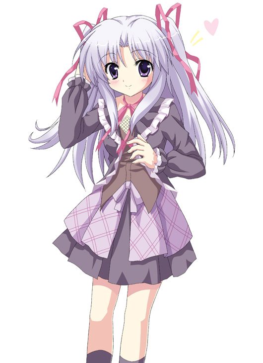 rasahan, arisa aix-les-bains, colorful aquarium, silver hair, 1girl, adjusting hair, blush, choker, dress, female focus, hair ribbon, heart, long hair, purple eyes, ribbon, short twintails, smile, solo, twintails