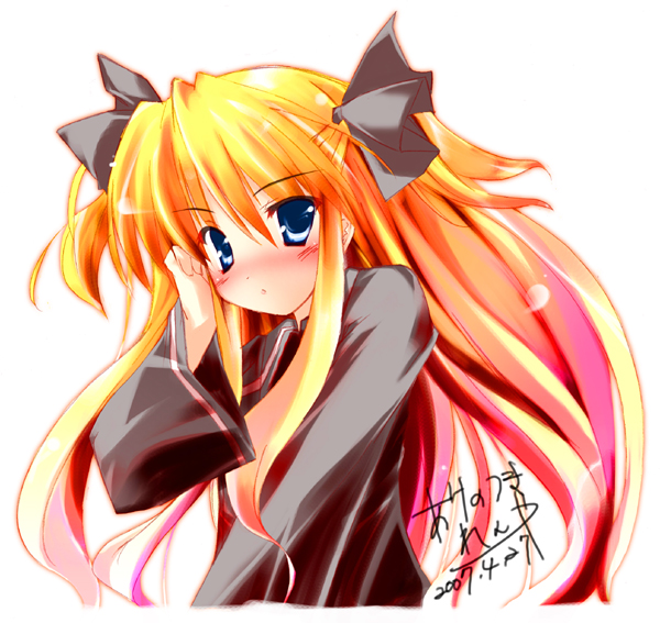 akenotsuki renya, shalon, quiz magic academy, >:(, 1girl, blue eyes, female focus, frown, gradient hair, long sleeves, multicolored hair, pink hair, simple background, solo, twintails, two side up, upper body, v-shaped eyebrows, white background