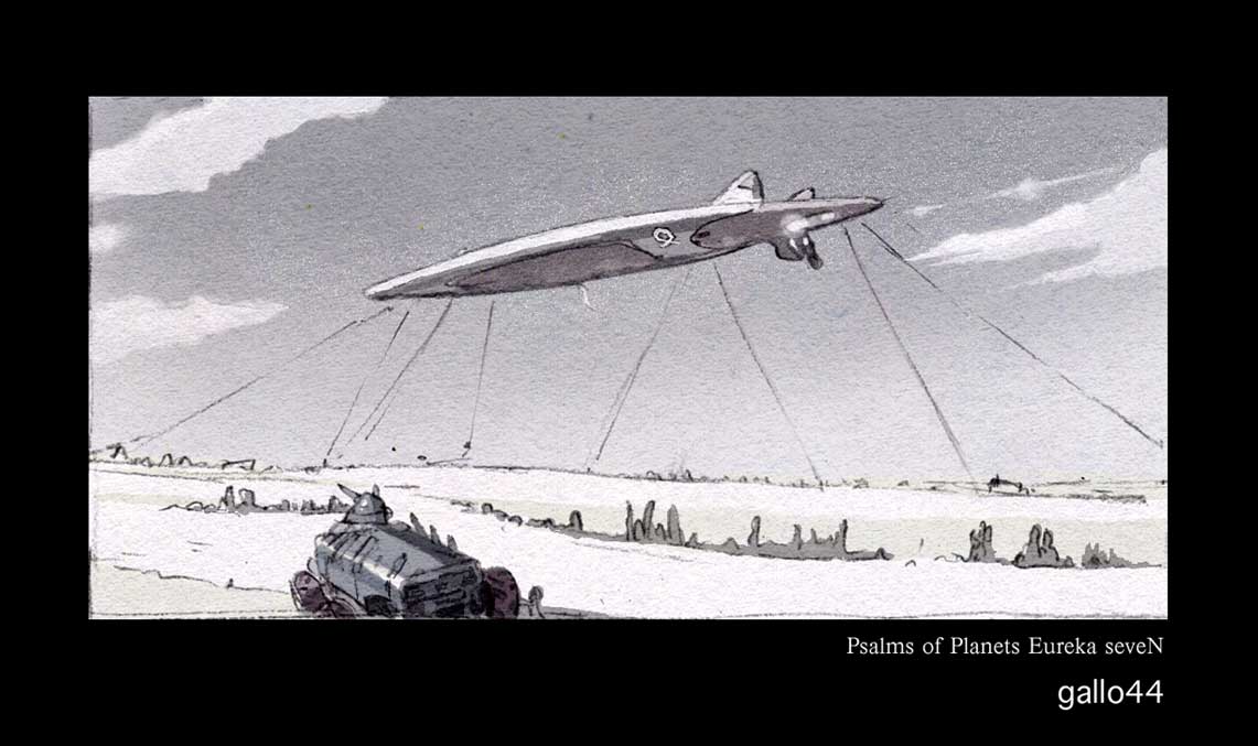 yoshida ken'ichi, eureka seven, eureka seven (series), 00s, aircraft, border, car, day, dirigible, field, grass, greyscale, monochrome, motor vehicle, no humans, outdoors, plant, sky