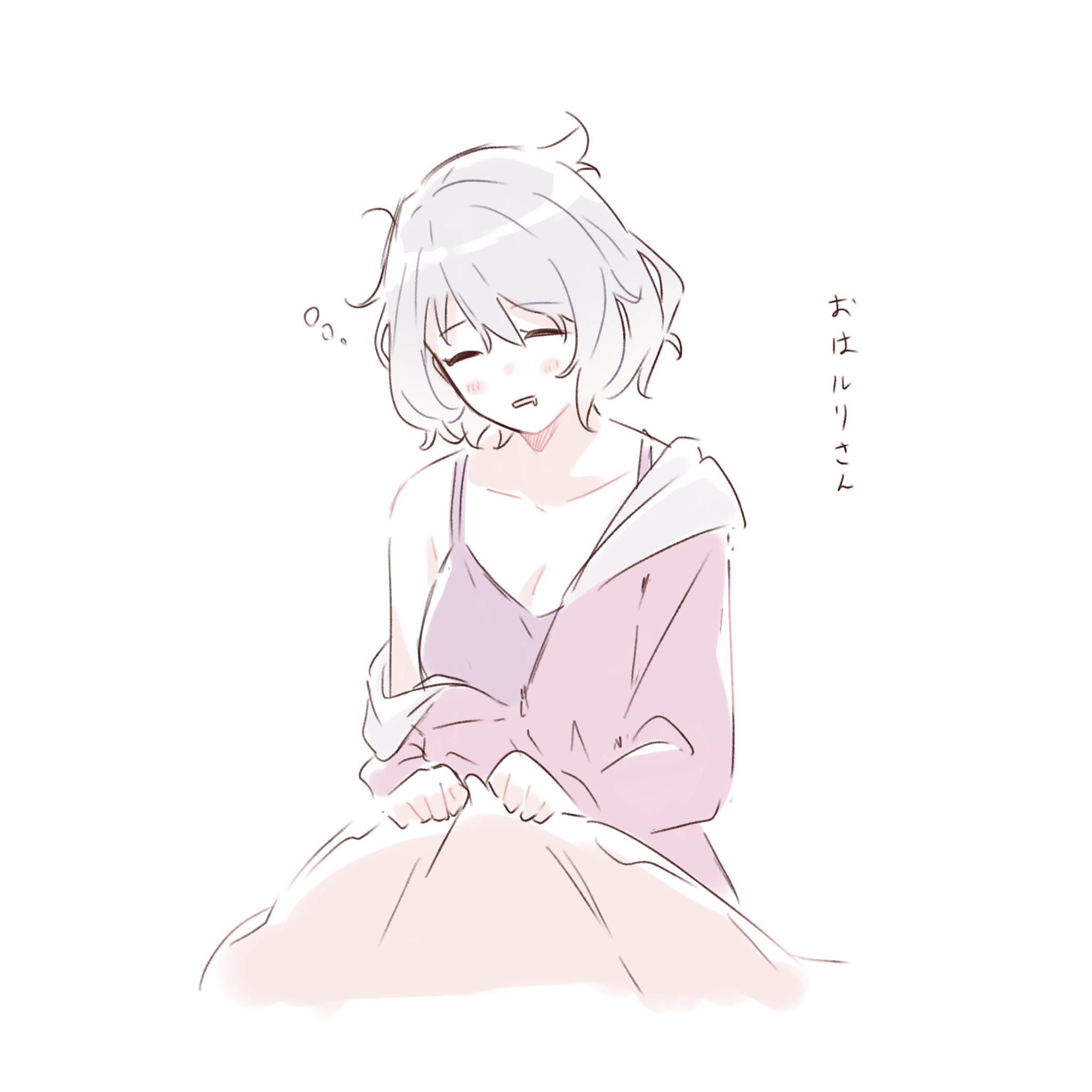kanade (kanade 3344), original, highres, translated, 1girl, blush, camisole, closed eyes, drooling, kanadate ruri, long sleeves, mouth drool, multiple girls, open mouth, pink camisole, short hair, simple background, single off shoulder, solo, white background, white hair
