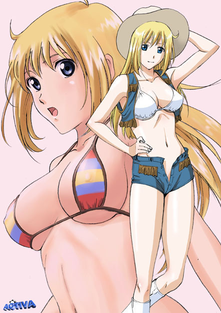 moriya naoki, original, 1girl, arm behind head, artist name, bare shoulders, bikini, bikini top only, blonde hair, blue eyes, breasts, cleavage, collarbone, covered erect nipples, cowboy hat, cowboy western, female focus, fingernails, groin, hair between eyes, halterneck, hand on own hip, hat, hip focus, kneehighs, knees, large breasts, legs, light smile, long hair, long legs, looking at viewer, multicolored bikini, multiple views, navel, open clothes, open fly, open mouth, open vest, pink background, reference sheet, shiny skin, shorts, sideboob, simple background, socks, standing, striped bikini, striped clothes, swimsuit, thighs, underboob, unzipped, upper body, vest, watermark, white bikini, white socks, zoom layer