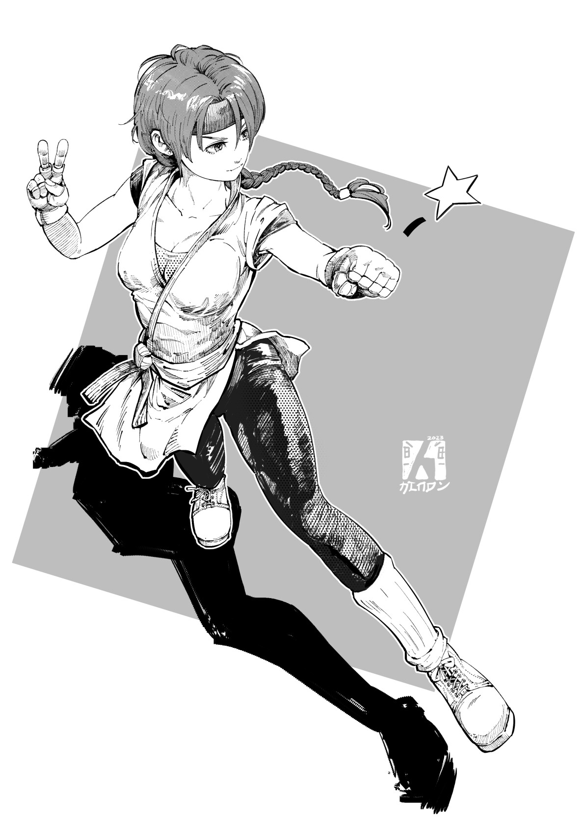 yuri sakazaki, the king of fighters, 1girl, braid, braided ponytail, breasts, dougi, female focus, hairband, hands up, hindy r ibrahim, hindyribrahim, huge breasts, karate gi, large breasts, leggings, long hair, pants, shirt, shoes, skirt, socks, star (symbol), thighs