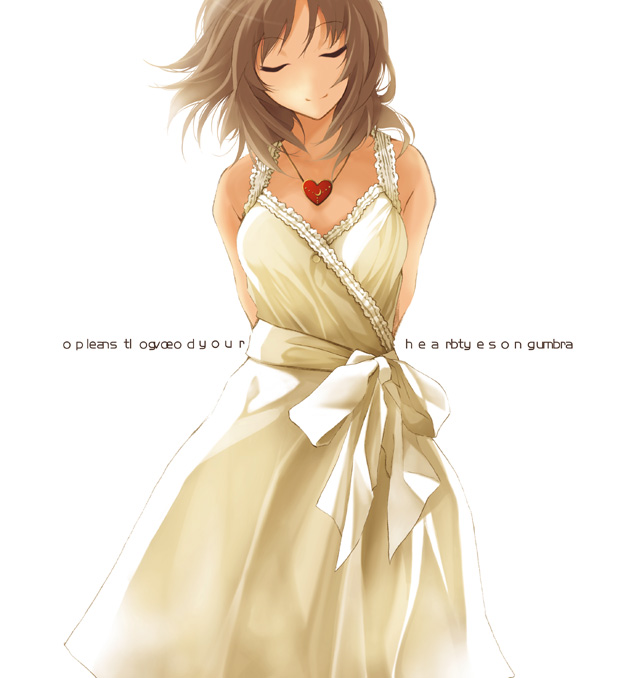 wakatsuki sana, original, 1girl, arms behind back, bare shoulders, brown hair, closed eyes, collarbone, dress, female focus, gem, heart, heart necklace, jewelry, mixed-sex bathing, necklace, pendant, shared bathing, short hair, simple background, sleeveless, sleeveless dress, solo, sundress, text focus, white background