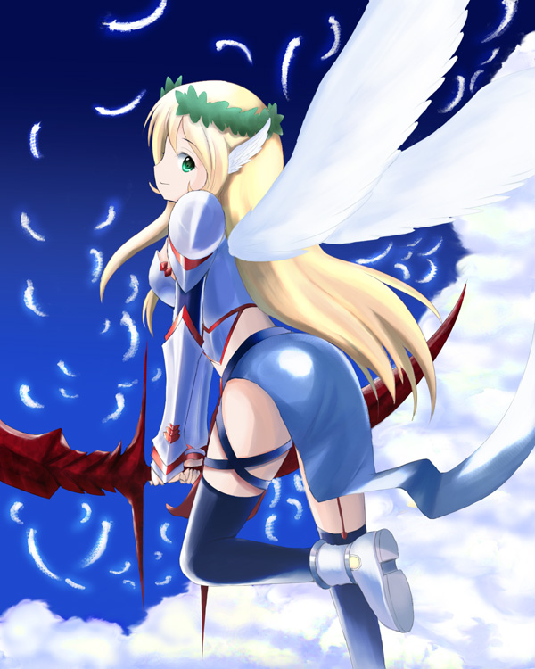 shima-shuu, original, 1girl, angel, blonde hair, cloud, day, fantasy, feathers, female focus, green eyes, head wreath, long hair, solo, thighhighs, valkyrie, weapon, wings