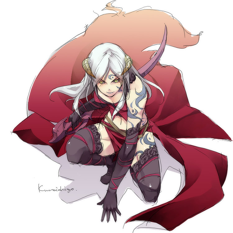 kyo (kuroichigo), original, 1girl, black sclera, colored sclera, demon girl, elbow gloves, female focus, gloves, horns, solo, tattoo, thighhighs