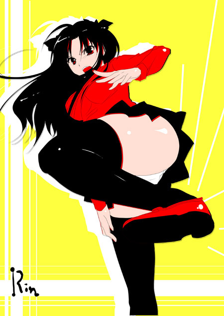 mikami mika, tohsaka rin, fate/stay night, fate (series), 00s, 1girl, black thighhighs, female focus, high contrast, kicking, panties, solo, thighhighs, turtleneck, underwear, zettai ryouiki