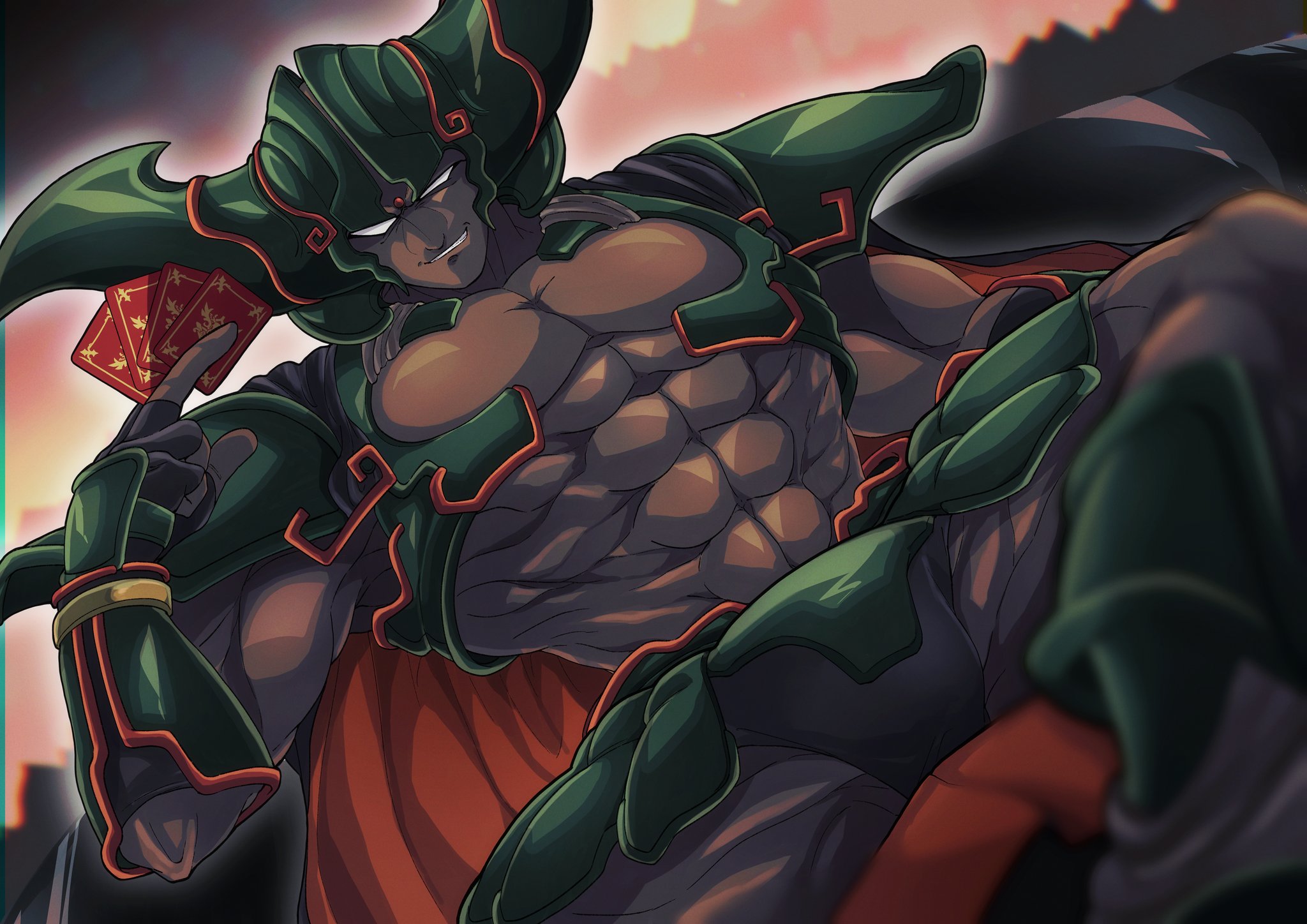 otyumamii, dark dream (dq6), dragon quest, dragon quest vi, commentary request, highres, 1boy, abs, armor, black gloves, black male underwear, blurry, briefs, cape, card, dark-skinned male, dark skin, demon boy, depth of field, fake horns, fingerless gloves, gloves, green armor, green helmet, grin, helmet, holding, holding card, horned helmet, horns, male focus, male underwear, muscular, muscular male, no pupils, orange background, red cape, sitting, smile, solo, spread legs, underwear