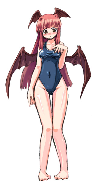 homura subaru, koakuma, embodiment of scarlet devil, touhou, 1girl, barefoot, bat wings, blush, cameltoe, female focus, full body, hair intakes, head wings, hip focus, long hair, one-piece swimsuit, red hair, school swimsuit, shy, simple background, solo, standing, swimsuit, thigh gap, wide hips, wings, yellow eyes