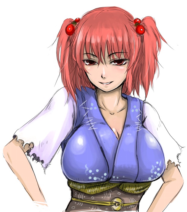 ginji (sakaki summer), onozuka komachi, touhou, 1girl, breasts, cleavage, female focus, huge breasts, red eyes, red hair, smirk, solo, twintails, two side up