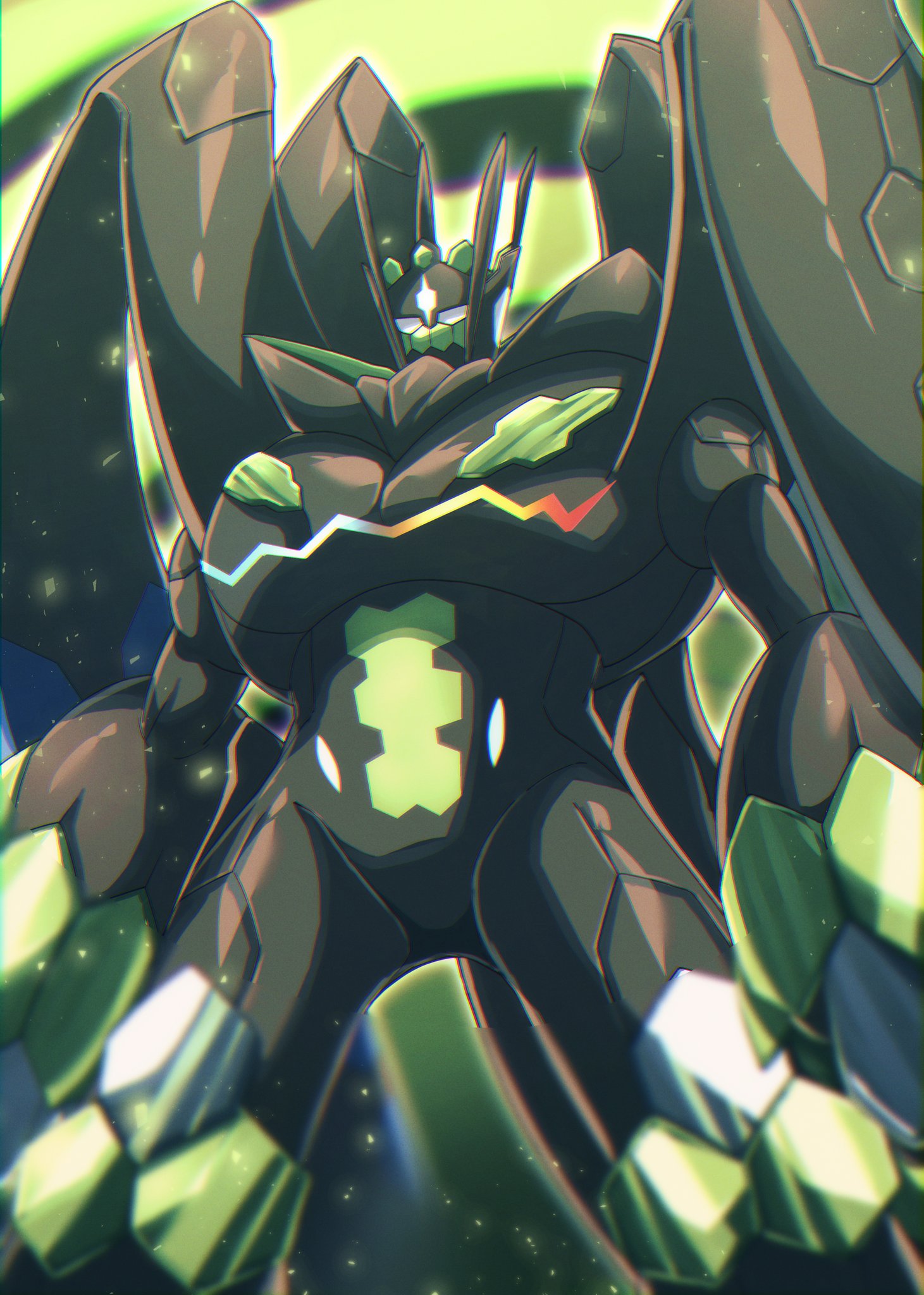 otyumamii, zygarde, zygarde (complete), nintendo, pokemon, pokemon xy, commentary request, highres, alternate form, blurry, blurry background, chest mouth, creature, creature focus, depth of field, funnels (gundam), gen 6 pokemon, green background, hexagon, legendary pokemon, no humans, no pupils, pokemon (creature), pokemon focus, white eyes