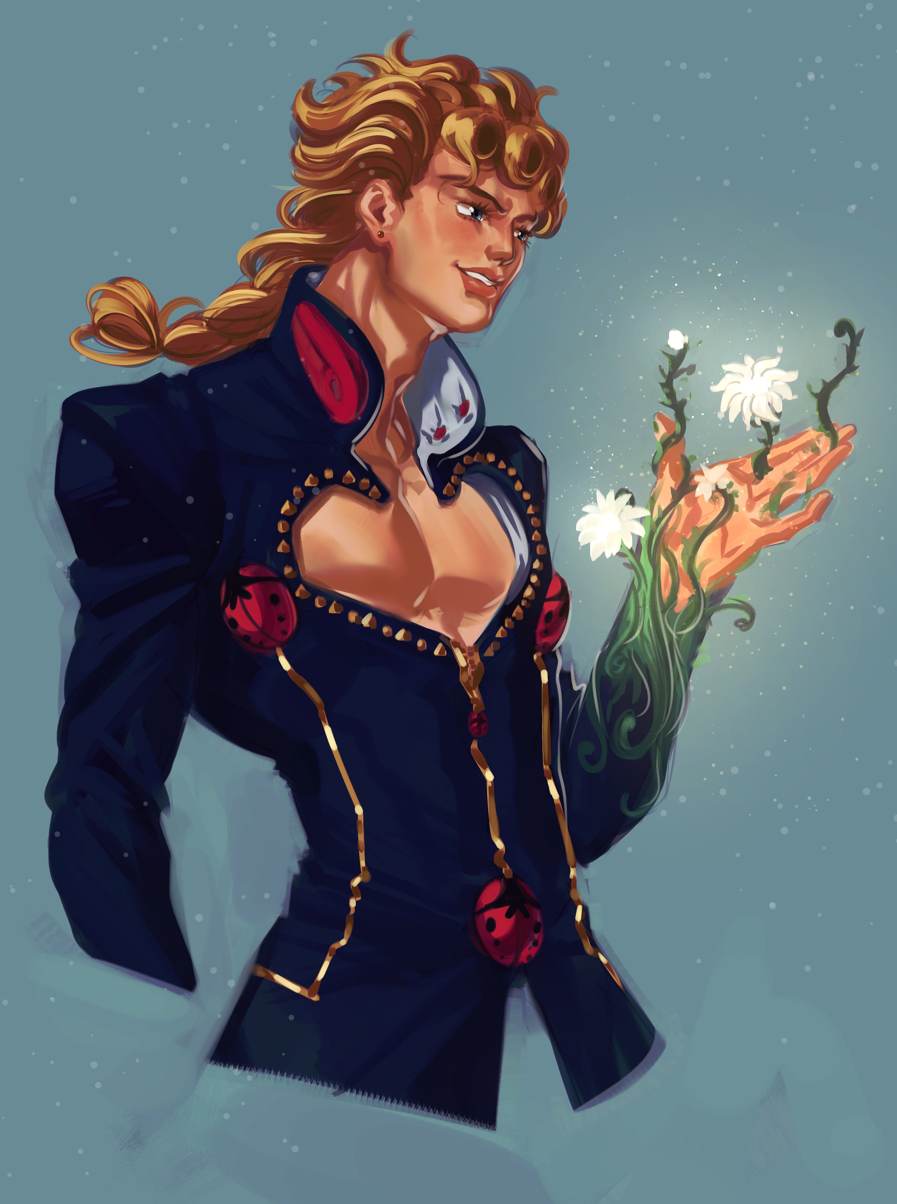 giorno giovanna, jojo no kimyou na bouken, vento aureo, absurdres, hashtag-only commentary, highres, 1boy, blonde hair, blue eyes, blue jacket, braid, cropped torso, earrings, flower, glowing flower, high collar, jacket, jewelry, karasichekbulk, ladybug ornament, male focus, pectoral cleavage, pectorals, plant, single braid, smile, solo, wing ornament