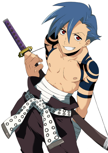kamina (ttgl), tengen toppa gurren lagann, 00s, 1boy, bandages, blue hair, bodypaint, grin, looking up, male focus, red eyes, sarashi, smile, solo, sword, tattoo, topless male, weapon