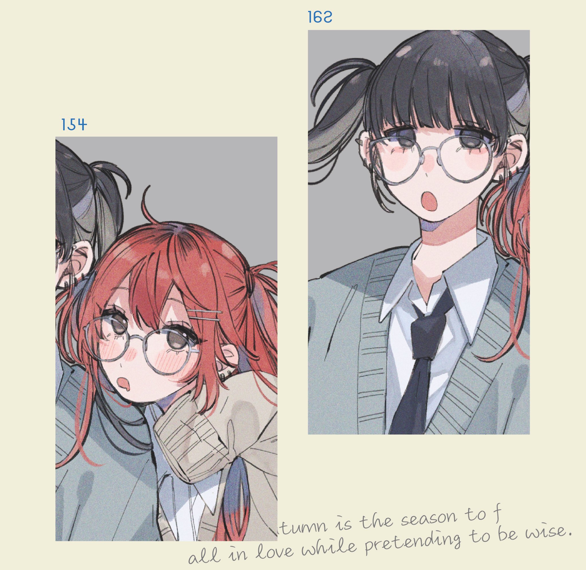 kashiwagi tsukiko, kuran arisa, ogino ichiko, inkya gyaru demo ikigaritai!, commentary, highres, symbol-only commentary, 2girls, barbell piercing, black hair, black necktie, blush, cardigan, collared shirt, dress shirt, drooling, ear piercing, english text, glasses, grey cardigan, hair ornament, hairclip, industrial piercing, long hair, mouth drool, multicolored hair, multiple girls, necktie, open mouth, piercing, red hair, roots (hair), school uniform, shirt, sleeves past wrists, twintails, white shirt