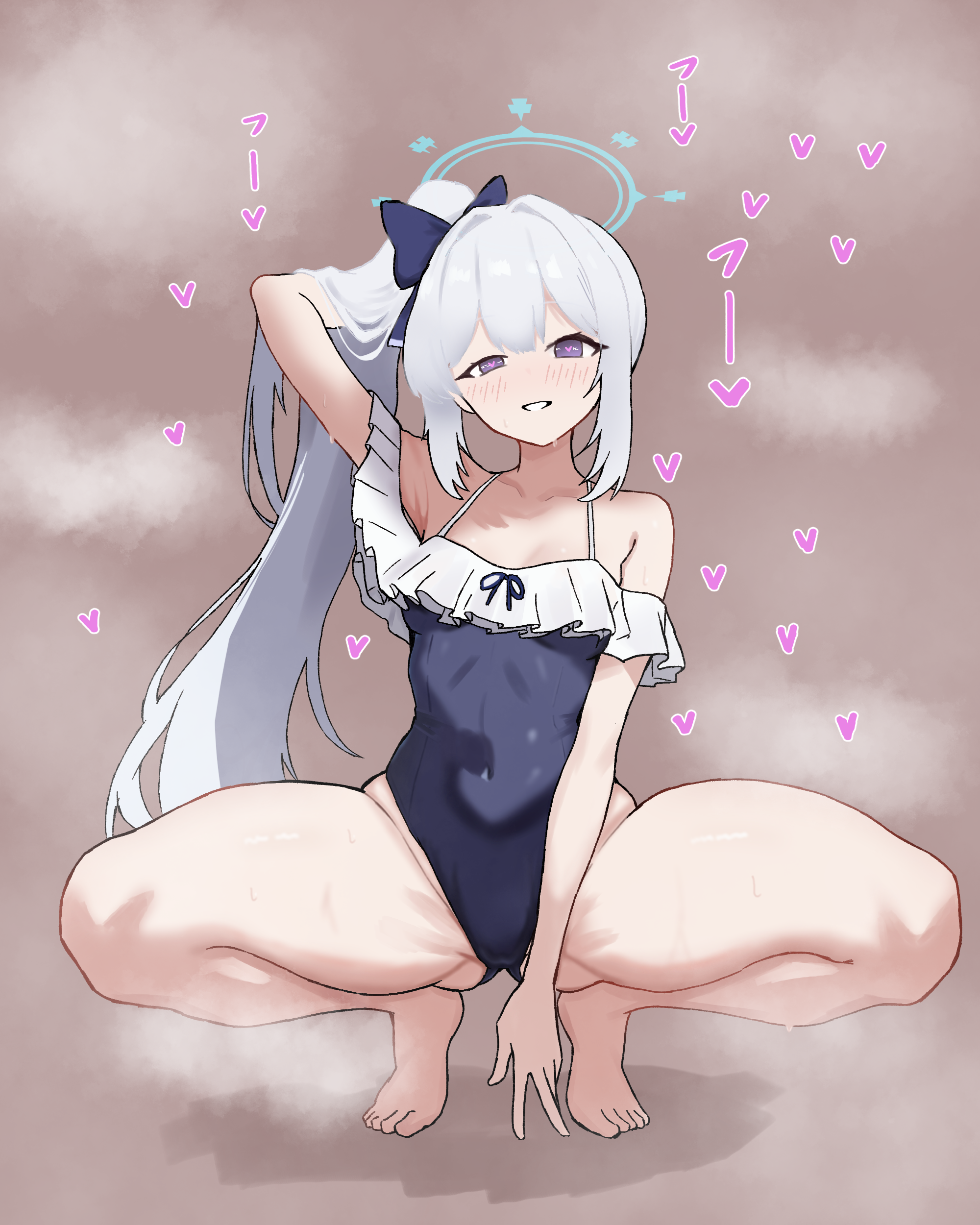 peace peace009, miyako (blue archive), miyako (swimsuit) (blue archive), blue archive, absurdres, commentary, highres, 1girl, arm behind head, arm up, bare arms, bare legs, bare shoulders, barefoot, blue bow, blue halo, blue one-piece swimsuit, blush, bow, brown background, casual one-piece swimsuit, collarbone, covered navel, frilled one-piece swimsuit, frills, full body, gluteal fold, grey hair, grin, hair bow, hair lift, halo, halterneck, heart, heart-shaped pupils, high side ponytail, long hair, looking at viewer, official alternate costume, one-piece swimsuit, parted lips, simple background, smile, solo, spread legs, squatting, steaming body, sweat, swimsuit, symbol-shaped pupils, tiptoes, uneven eyes, very long hair, w