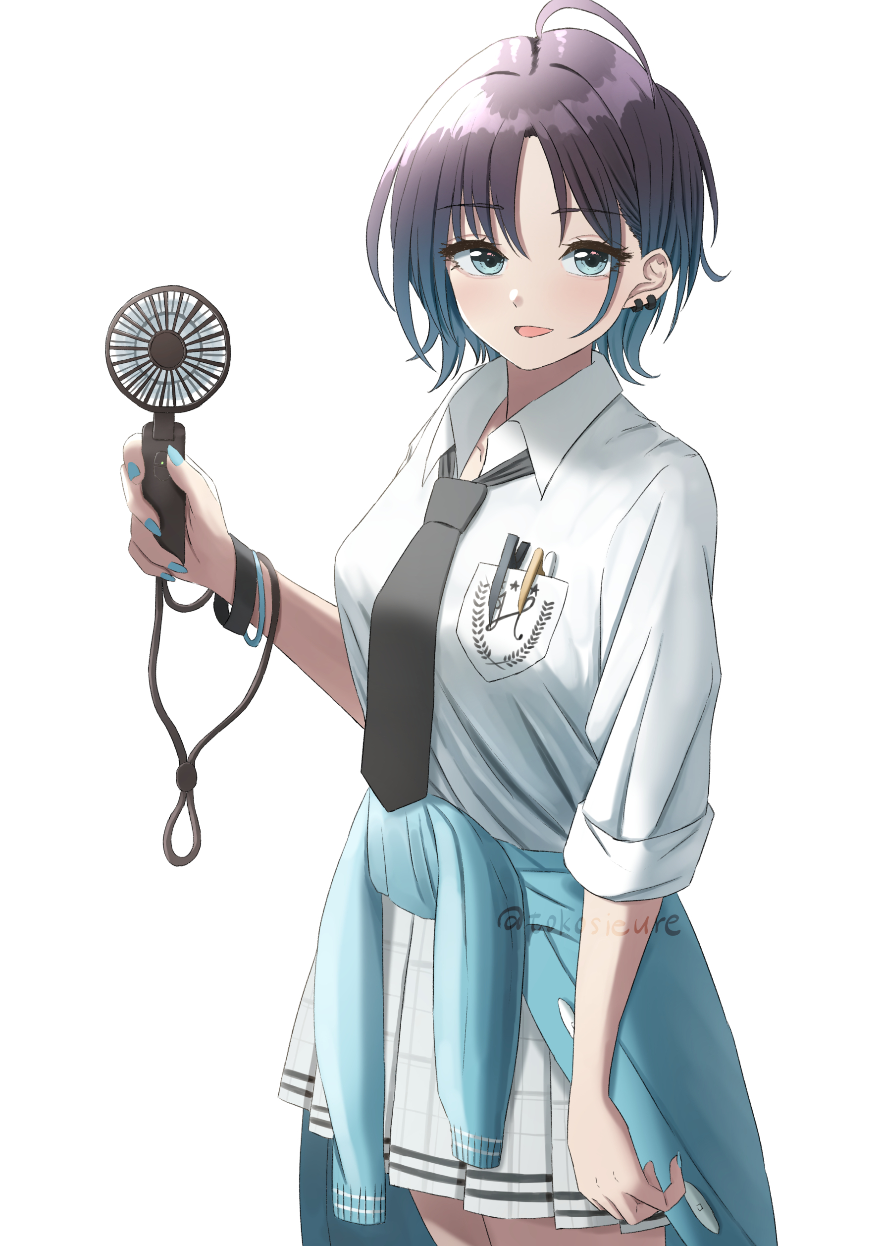 ritug36k, asakura toru, idolmaster, idolmaster shiny colors, absurdres, commentary request, highres, 1girl, ahoge, black necktie, blue cardigan, blue eyes, blue hair, blue nails, breast pocket, breasts, cardigan, cardigan around waist, clothes around waist, collared shirt, ear piercing, earrings, grey skirt, handheld electric fan, jewelry, looking at viewer, medium breasts, nail polish, necktie, open mouth, parted bangs, piercing, plaid clothes, plaid skirt, pleated skirt, pocket, purple hair, shirt, short hair, simple background, skirt, solo, white background, white shirt