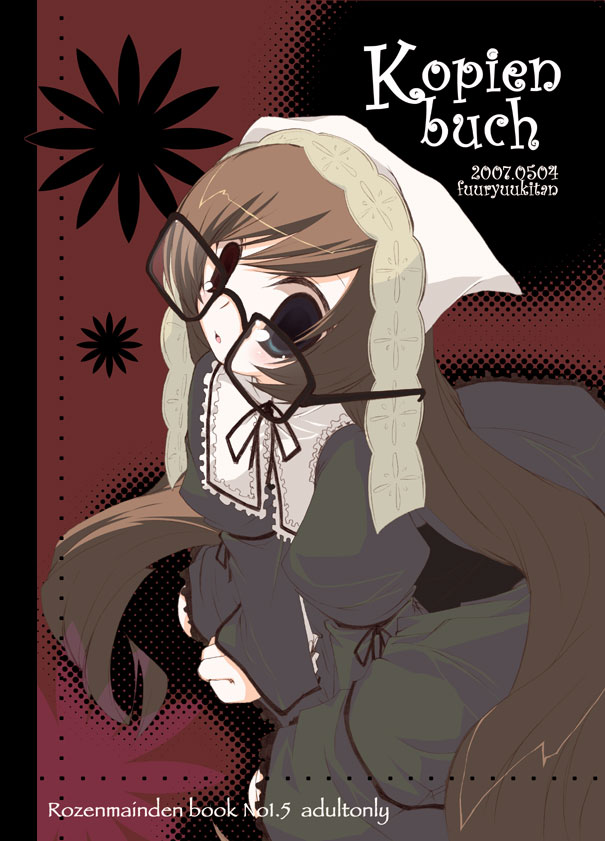 kosori (dennoukitan), yuugi, suiseiseki, rozen maiden, 00s, 1girl, :o, bespectacled, black-framed eyewear, brown hair, collar, female focus, frilled collar, frilled shirt collar, frills, glasses, headscarf, juliet sleeves, long hair, long sleeves, looking at viewer, parted lips, puffy long sleeves, puffy sleeves, red background, simple background, solo, very long hair, white headscarf