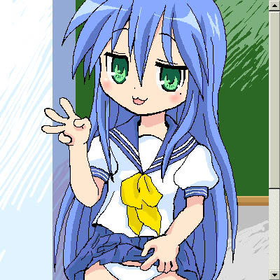 yuuki akira, izumi konata, lucky star, lowres, 00s, 1girl, blue sailor collar, clothes lift, female focus, lifting own clothes, mole, mole under eye, oekaki, panties, sailor collar, school uniform, serafuku, skirt, skirt lift, solo, underwear