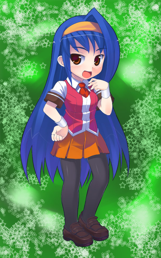 amasa mitsunaru, tsuzura saki, aq interactive, arcana heart, atlus, examu, 1girl, chibi, female focus, green background, long hair, misono gakuen school uniform, orange skirt, pantyhose, school uniform, serafuku, skirt, solo, star (symbol), star symbol background, very long hair