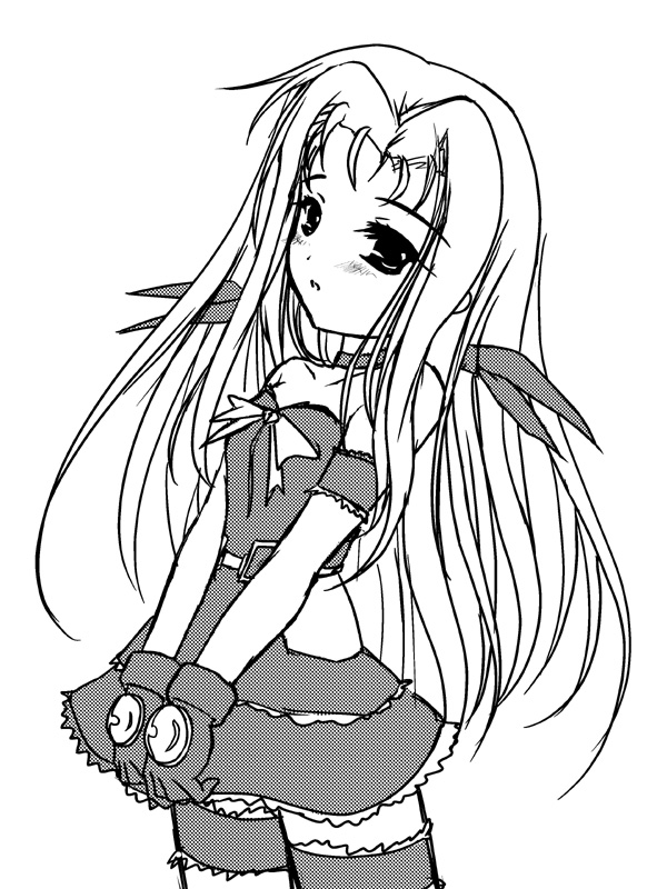 frapowa, asclepius (nanoha), lutecia, lutecia alpine, lyrical nanoha, mahou shoujo lyrical nanoha, mahou shoujo lyrical nanoha strikers, 00s, 1girl, bow, female focus, frills, gem, gloves, greyscale, long hair, looking at viewer, magical girl, monochrome, simple background, solo, standing, thigh strap, thighhighs, very long hair, white background, zettai ryouiki