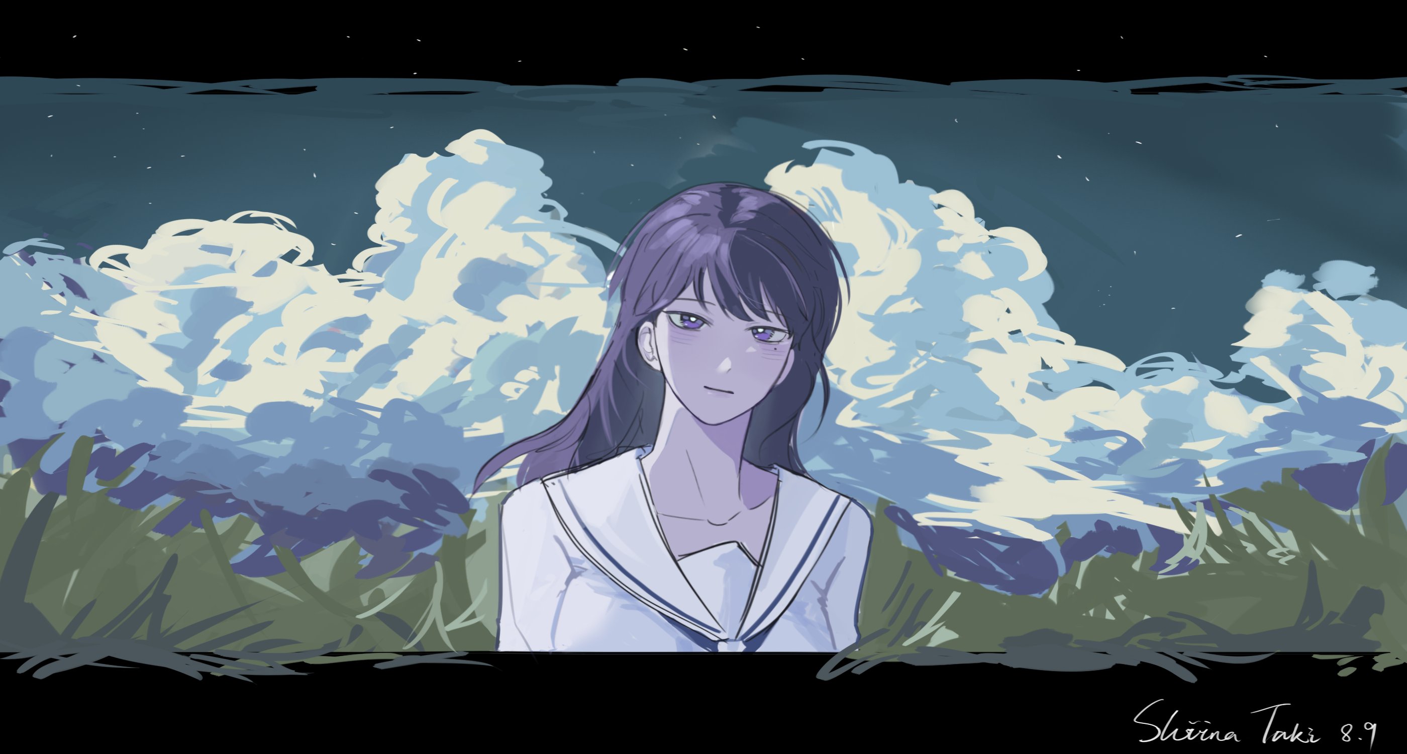 shiina taki, bang dream!, bang dream! it's mygo!!!!!, commentary, hashtag-only commentary, highres, 1girl, aaarikkilove, black hair, blue neckerchief, blush, character name, closed mouth, cloud, dated, hanasakigawa school uniform, long hair, neckerchief, purple eyes, school uniform, serafuku, shirt, sky, solo, star (sky), starry sky, white shirt